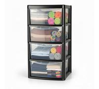 ALEEZ - Large Plastic Drawer Storage Unit - Rattan Effect 4 Drawer Cabinet - Multipurpose Storage Organiser - Office, Tabletop Desktop Drawer - Bedroom Chest Drawer Unit - (Black/Clear, 4 Drawer)