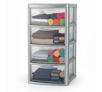 ALEEZ - Large Plastic Drawer Storage Unit - Rattan Effect 4 Drawer Cabinet - Multipurpose Storage Organiser - Office, Tabletop Desktop Drawer - Bedroom Chest Drawer Unit - (Silver/Clear, 4 Drawer)