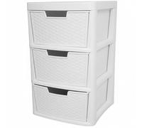 ALEEZ - Large Plastic Rattan Drawer Storage Unit - Stylish Multipurpose Drawer Cabinet with Rattan Effect - Bedroom Chest Drawer, Desktop Organiser & Tabletop Storage Solution - (White, 3 Tier)
