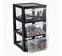 ALEEZ - Large Plastic Storage Drawer Unit - Stackable Clear Drawers - Transparent Storage Tower Cabinet for Home, Office, Crafts, Makeup & Tools - Light Weight Organiser Chest (Black, 3 Tier)