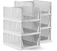 ALEEZ - Wardrobe Organiser Storage Baskets - 6 Pack Folding Storage Boxes - Stackable Plastic Storage Drawer Organiser, for Bedroom Kitchen Bathroom Basket - Foldable Closet Storage Box