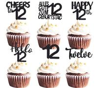 ALEGRE Cupcake Toppers for 12th Birthday Boy, Pack of 24 Muffin Decoration for 12th Birthday Girls, Black Glitter Cupcake Decoration, Happy 12th Birthday Decoration, Happy 12th Birthday Decoration
