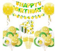 ALEGRE Lemon Decoration Birthday Balloons, 24-Piece Decorative Lemon Set with Lemon Napkins, Foil Balloon, Happy Birthday Garland, Paper Straws, Lemon Decoration for Baby Shower, Summer Party, Beach