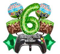 ALEGRE Pixel Birthday Decoration 6 Years Boy, Pixel Miner Game 6th Birthday Boy Girl, Foil Balloon 6th Birthday Decoration, Happy Birthday Decoration with Number 6 Balloon, 6 Years Game Player Theme