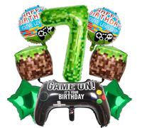 ALEGRE Pixel Birthday Decoration 7 Years Boy, Pixel Miner Game 7th Birthday Boy Girl, Foil Balloon 7th Birthday Decoration, Happy Birthday Decoration with Number 7 Balloon, 7 Years Game Player Theme