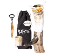 AleHorn Drinking Horn - 12 Inch Curved Style Viking Horn Drinking Cup - Viking Cup for Ale & Mead - Handcrafted Drinking Horn with Stand - Horn with Stand (Polished)