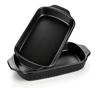Aleker 2 Pack Ceramic Lasagna Dish with Handles, 8 inch Matte Ribbed Rectangular Serving Dishes Pie Dish, Oven-Safe Baking Dishes for Casseroles, Pasta, Rosting, Pies, Tapas Dishwasher Safe, Black