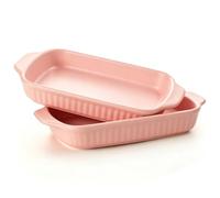 Aleker 2 Pack Ceramic Lasagna Dish with Handles, 8 inch Matte Ribbed Rectangular Serving Dishes Pie Dish, Oven-Safe Baking Dishes for Casseroles, Pasta, Rosting, Pies, Tapas Dishwasher Safe, Pink