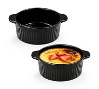 Aleker 2 Pack Vertical Striped Ceramic Serving Bowls with Handles, 300ml White Porcelain Souffle Dish Creme Brulee Ramekins for Soufflé, Creme Brulee, Custards, Jams, Cereal Oven Dishwasher Safe