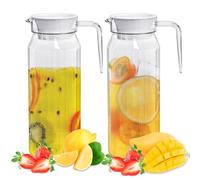 Aleker 2 Pack Water Jug with Lid, 1.1L Plastic Jug with Lid & Handle, Pitcher Can for Fridge,Transparent Striped Juice Bottle,Reusable Water Pitcher for Water Juice Milk Iced Tea