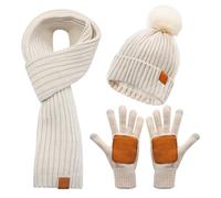 Aleker Hat Scarf and Gloves Set for Women, Winter Beanie Hat, Hat Scarf and Gloves Set Ladies, Bobble Hat Touchscreen Gloves Long Scarf, 3 in 1 Cold Weather Sets for Skiing Outdoor Sports (Beige)