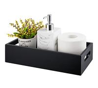 ALELION Black Bathroom Basket - Rustic Wood Toilet Tank Paper Basket with Handle for Organizing - Back of Toilet Storage Organizer for Bathroom Tank Topper Counter - Black Bathroom Decor Box