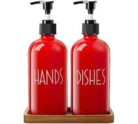 ALELION Dish Soap Dispenser for Kitchen - 16 OZ Glass Hand Soap Dispenser Set with Acacia Wood Tray - Red Kitchen Bathroom Decor and Accessories