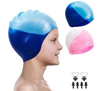 Alepo 2 Pack Kids Swimming Cap Boys Girls, Durable Silicone Swimming Hat with 3D Ear Pockets for Age 3-15 Toddler Child Youth Teen, Bath Swim Cap for Short/Long Hair with Ear Plugs Nose Clip