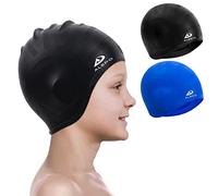 Alepo 2 Pack Kids Swimming Cap Boys Girls, Durable Silicone Swimming Hat with 3D Ear Pockets for Age 3-15 Toddler Child Teen, Bath Swim Cap for Short/Long Hair with Ear Plugs Nose Clip-Black&Blue