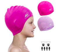 Alepo 2 Pack Kids Swimming Cap Boys Girls, Durable Silicone Swimming Hat with 3D Ear Pockets for Age 3-15 Toddler Child Youth Teen, Bath Swim Cap for Short/Long Hair with Ear Plugs Nose Clip
