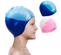 Alepo 2 Pack Kids Swimming Cap Boys Girls, Durable Silicone Swimming Hat with 3D Ear Pockets for Age 3-15 Toddler Child Teen, Bath Swim Cap for Short/Long Hair with Ear Plugs Nose Clip-Blue