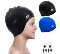 Alepo 2 Pack Kids Swimming Cap Boys Girls, Durable Silicone Swimming Hat with 3D Ear Pockets for Age 3-15 Toddler Child Youth Teen, Bath Swim Cap for Short/Long Hair