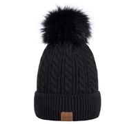 Alepo Beanie Hat for Women, Bobble Hat With Knitted Fleece Lined, Warm Winter Soft Ski Cuff Cap With Pom Pom (Black)