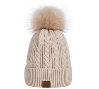 Alepo Beanie Hat for Women, Bobble Hat with Knitted Lined, Warm Winter Soft Ski Cuff Cap with Pom Pom (Oatmeal)