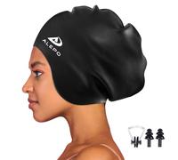 Alepo Extra Large Swimming Cap Women Men, Durable Silicone Swim Hat with Ear Protection, Unisex Adults for Long Thick Curly Hair & Dreadlocks Braids Weaves Afro Hair (Black)