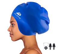 Alepo Extra Large Swimming Cap Women Men, Durable Silicone Swimming Hat Long Hair with Ear Protection, Unisex Adults Swim Caps for Long Thick Curly Hair & Dreadlocks Braids Weaves Afro Hair(Blue-)