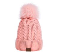 Alepo Women's Bobble Hats with Knitted Fleece Lined, Warm Winter Hats Soft Ski Cuff Cap with Pom Pom(Pink)