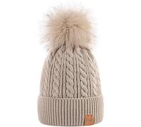 Alepo Womens Winter Beanie Hat, Warm Fleece Lined Knitted Soft Ski Cuff Cap with Pom Pom(Beige)