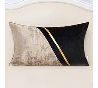 Alerfa 12 x 20 Inch Black Beige Gold Leather Patchwork Velvet & Polyester Cushion Case Luxury Modern Lumbar Throw Pillow Cover Decorative Pillow for Couch Sofa Living Room Bedroom Car 30 x 50cm