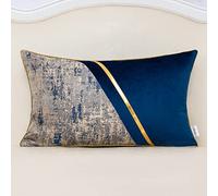 Alerfa 12 x 20 Inch Navy Blue Beige Gold Leather Patchwork Velvet & Polyester Cushion Case Luxury Modern Lumbar Throw Pillow Cover Decorative Pillow for Couch Sofa Living Room Bedroom Car 30 x 50cm
