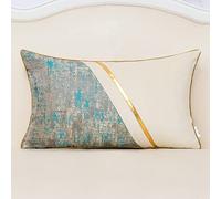 Alerfa 12 x 20 Inch Off White Beige Lake Blue Gold Leather Patchwork Velvet & Polyester Cushion Case Luxury Modern Lumbar Throw Pillow Cover Decorative Pillow for Couch Living Room Bedroom 30 x 50cm