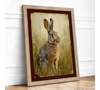 Alert Hare in Grass Vintage Framed Wall Art Print A1 Oak Frame