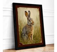 Alert Hare in Grass Vintage Framed Wall Art Print A2 Black Frame
