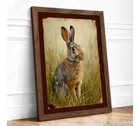 Alert Hare in Grass Vintage Framed Wall Art Print A4 Walnut Frame