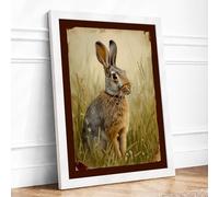 Alert Hare in Grass Vintage Framed Wall Art Print A4 White Frame