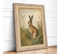 Alert Hare in Grasses Botanical Framed Wall Art Print A1 Oak Frame