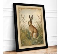 Alert Hare in Grasses Botanical Framed Wall Art Print A3 Black Frame