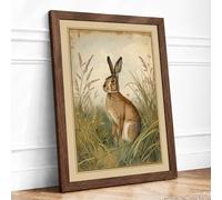Alert Hare in Grasses Botanical Framed Wall Art Print A3 Walnut Frame