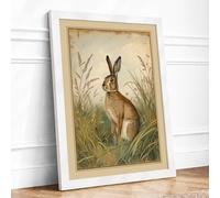 Alert Hare in Grasses Botanical Framed Wall Art Print A3 White Frame