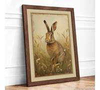 Alert Hare in Meadow Botanical Framed Wall Art Print A1 Walnut Frame
