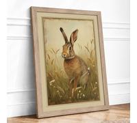 Alert Hare in Meadow Botanical Framed Wall Art Print A3 Oak Frame