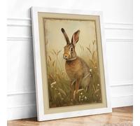 Alert Hare in Meadow Botanical Framed Wall Art Print A4 White Frame