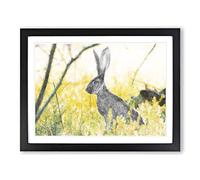 Alert Hare In The Meadow Painting Modern Art Framed Print | A3 Black Framed Wall Art | Ready to Hang | Modern Animal Picture | Living Room Bedroom Lounge Office