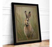 Alert Hare Rustic Framed Wall Art Print A4 Black Frame