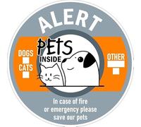 Alert, pets inside, in case of fire or emergency please save our pets, orange and grey sign - Self adhesive sticker (50mm x 50mm)