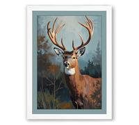 Alert Stag in Mist Boho Framed Wall Art Print A3 (42×29.7cm) White, Wall Decor for Living Room, Bedroom, Office & Home, Ready to Hang, Art Gift