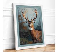 Alert Stag in Mist Boho Framed Wall Art Print A3 White | Ready to Hang, Premium Gi Paper, Fade-Resistant Inks, Securely Packaged, UK Made