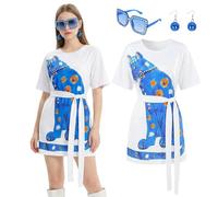 Aleshime ABBA Costume for Women, 70s Disco Blue Panther Print Loose Dress with Rhinestone Sunglasses & Disco Ball Earrings for ABBA Tribute Night, Retro Theme Party(S)