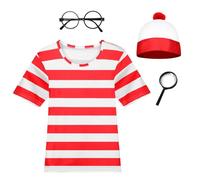 Aleshime Childs Wally Costume - Red and White Striped T-Shirt with Beanie Hat Glasses and Magnifying Glass - Boys Girls Halloween World Book Day Book Week Fancy Dress Costume