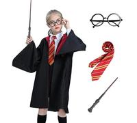 Aleshime Childs Wizard Costume - Black Hooded Robe with Glasses, Striped Tie and Branch Wand - Kids World Book Day Book Week Halloween Fancy Dress Costume Outfit